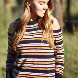 LOFT Cold Shoulder Striped Sweater size woman’s M navy blue, orange,‎ & pink